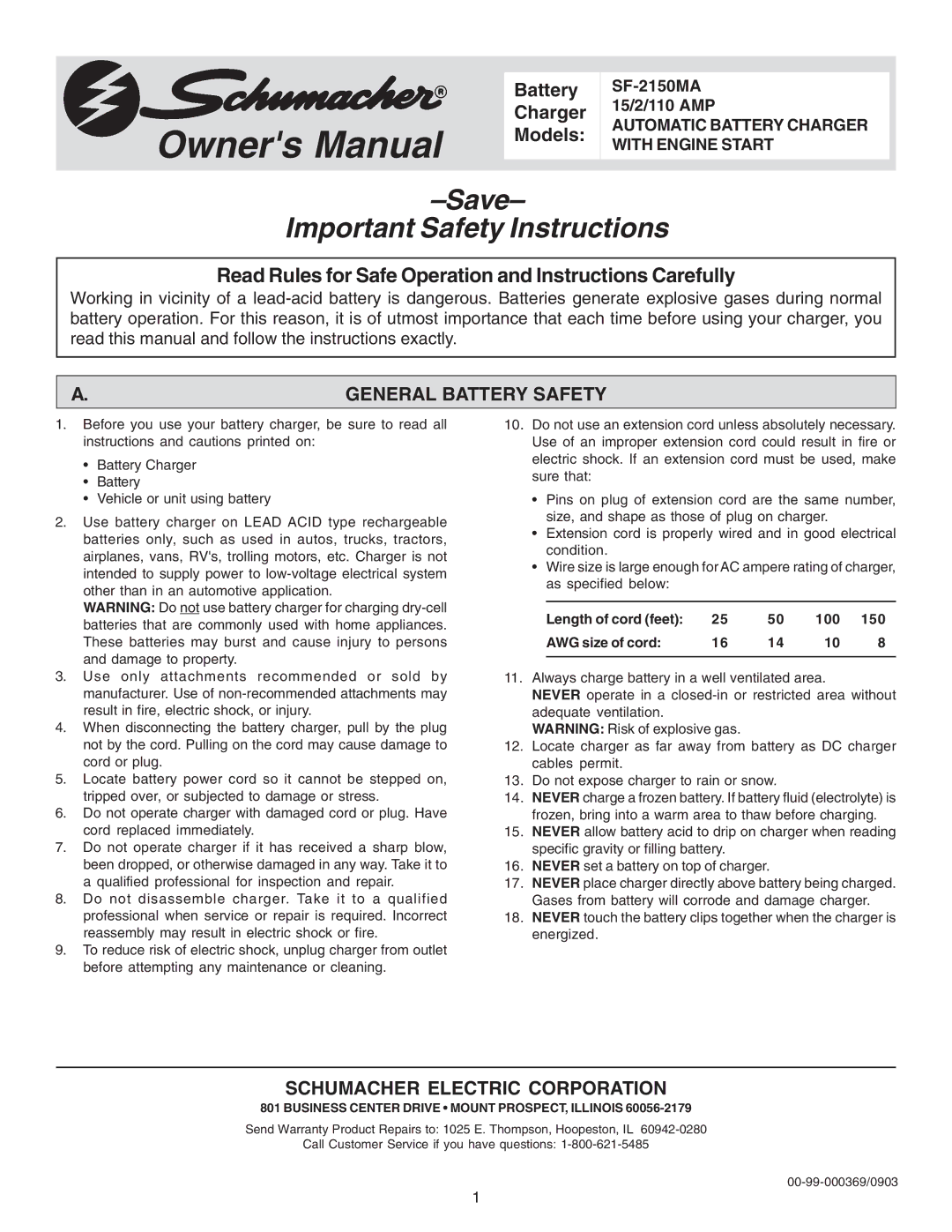 Schumacher SF-2150MA owner manual General Battery Safety, Schumacher Electric Corporation 