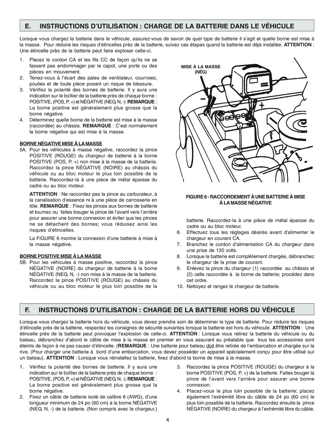 Schumacher SF-2150MA owner manual Borne Négative Mise À LA Masse, Borne Positive Mise À LA Masse 