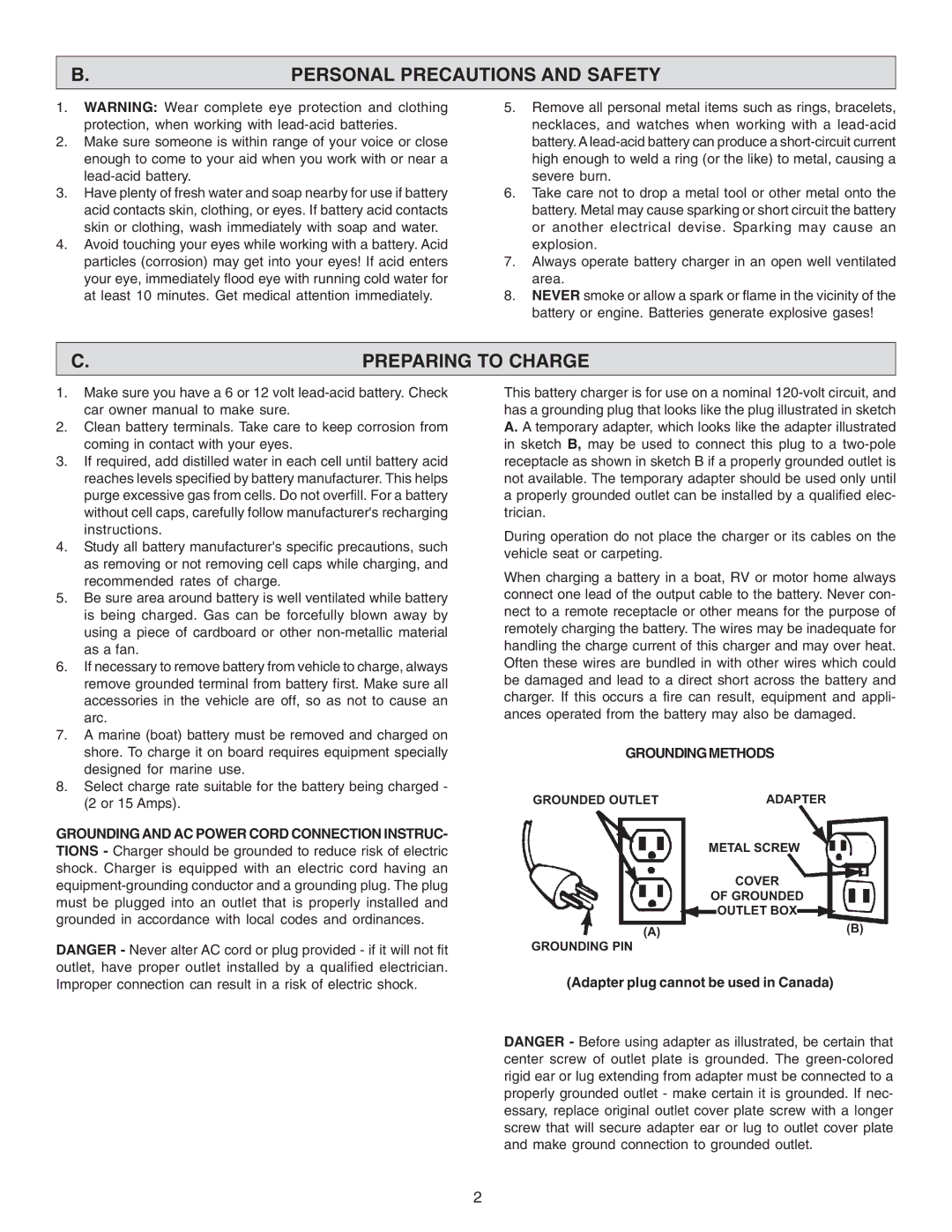 Schumacher SF-2150MA Personal Precautions and Safety, Preparing to Charge, Grounding and AC Power Cord Connection Instruc 