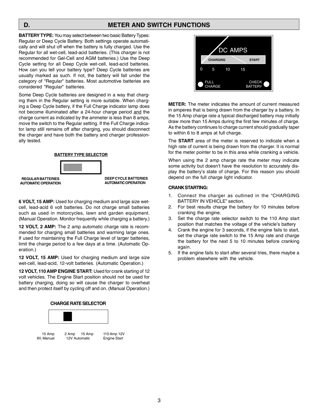 Schumacher SF-2150MA owner manual Meter and Switch Functions, Charge Rate Selector, Crank Starting, Battery Type Selector 