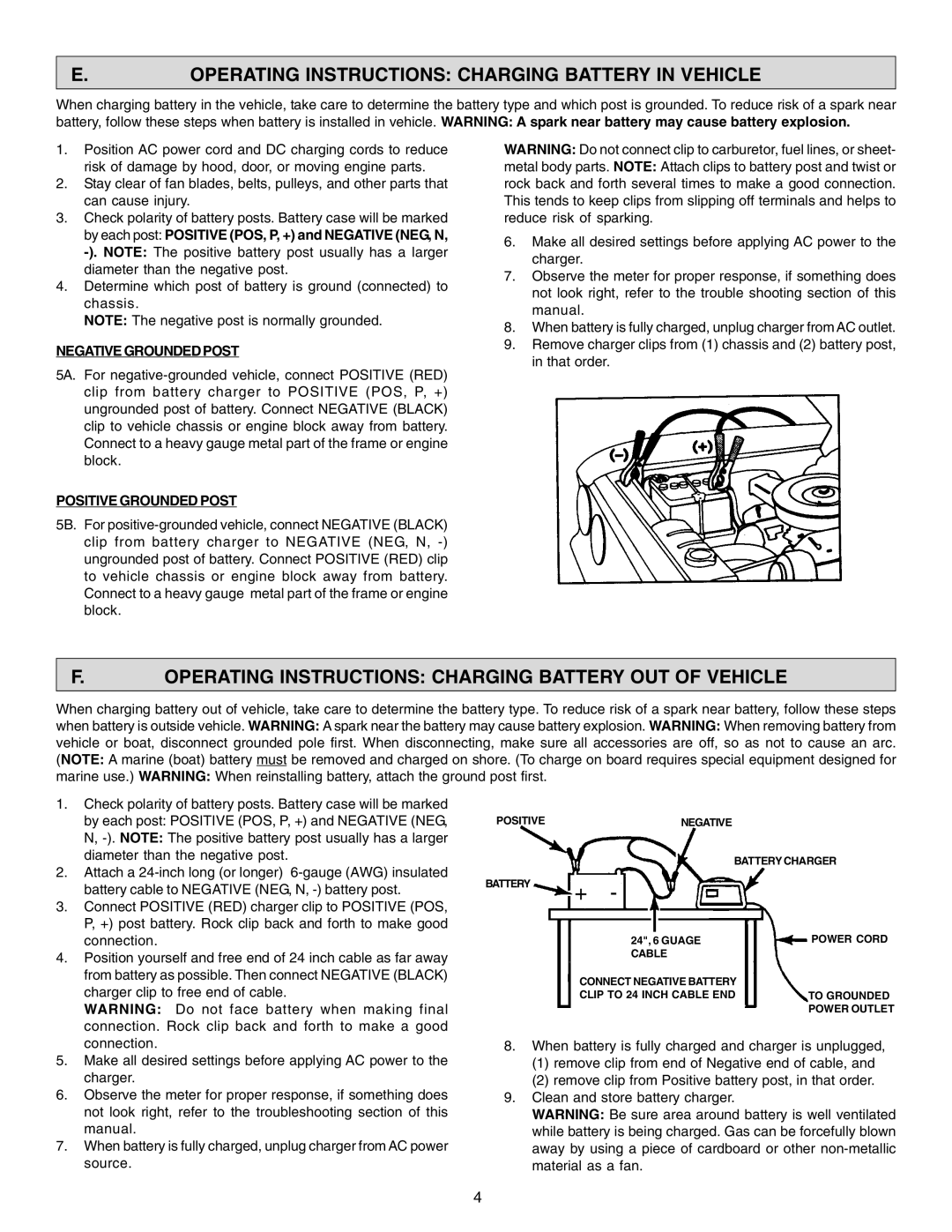 Schumacher SF-2150MA Operating Instructions Charging Battery in Vehicle, Negative Grounded Post, Positive Grounded Post 