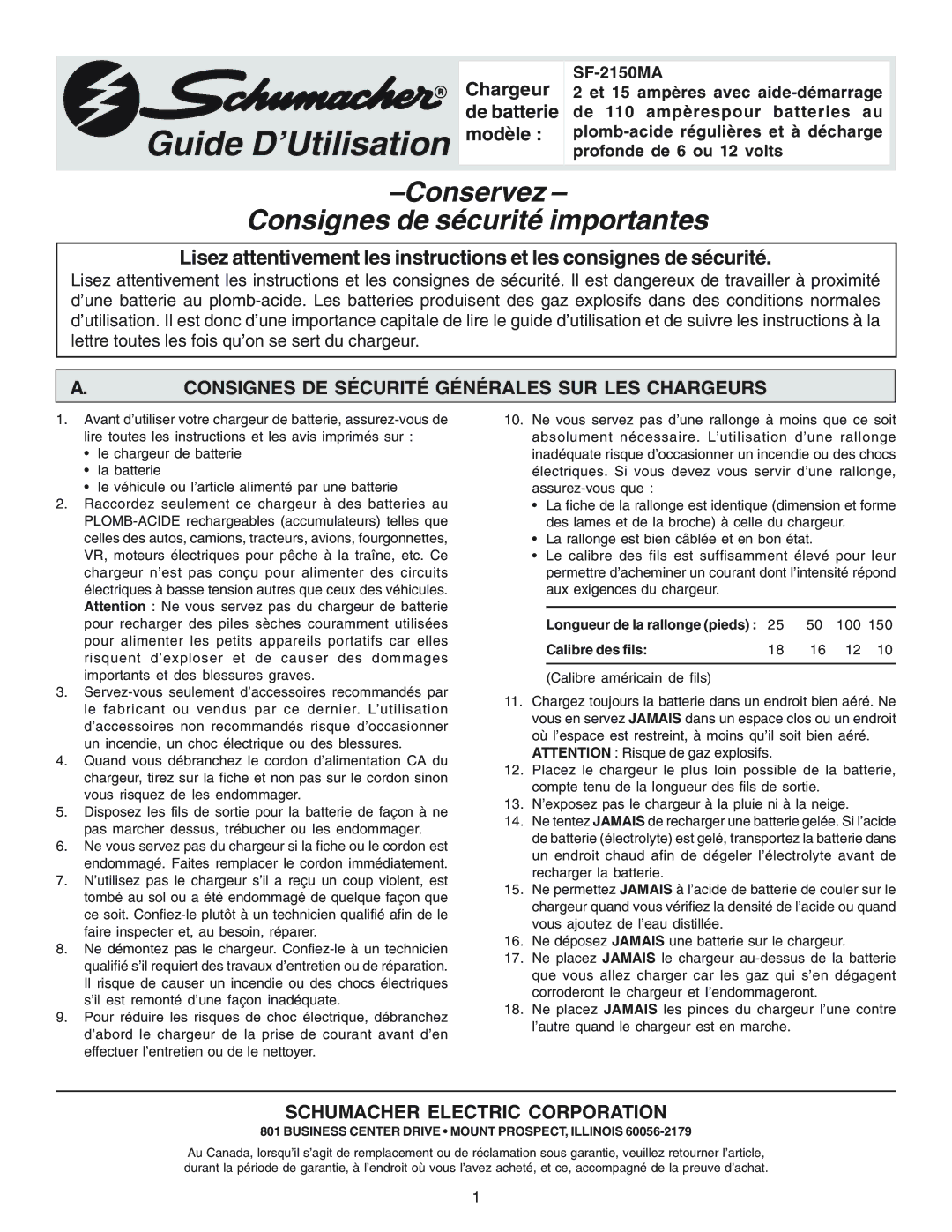 Schumacher SF-2150MA owner manual Consignes DE Sécurité Générales SUR LES Chargeurs, Schumacher Electric Corporation 