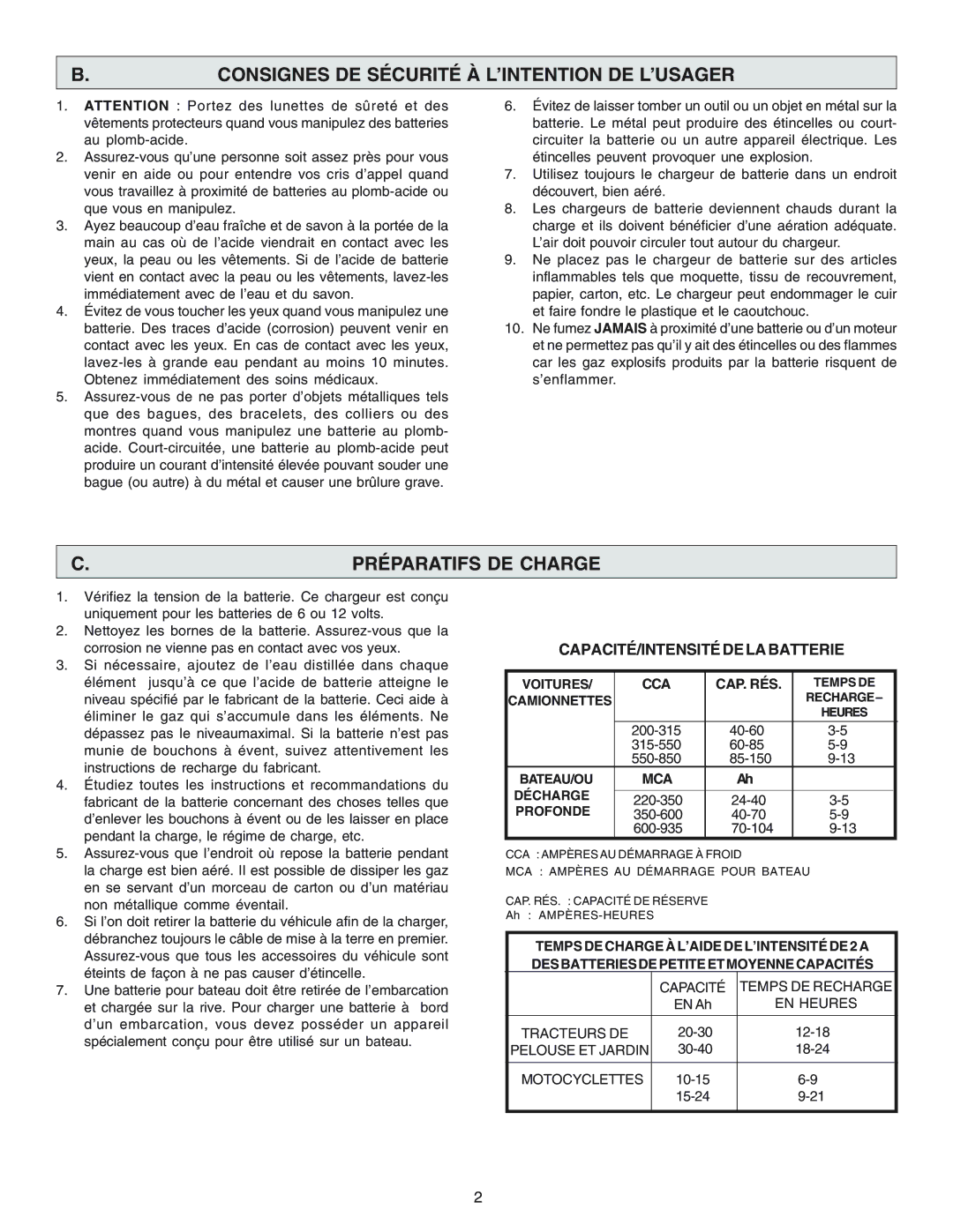 Schumacher SF-2150MA owner manual Consignes DE Sécurité À L’INTENTION DE L’USAGER, Préparatifs DE Charge, Cca Cap. Rés, Mca 