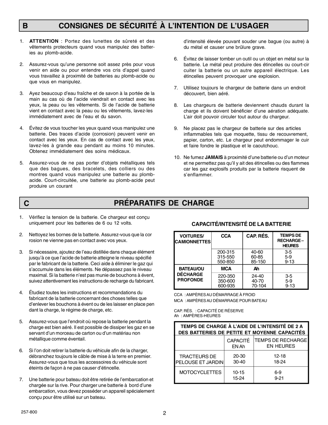 Schumacher SF-2151MA owner manual Consignes DE Sécurité À L’INTENTION DE L’USAGER, Préparatifs DE Charge, Cca Cap. Rés, Mca 