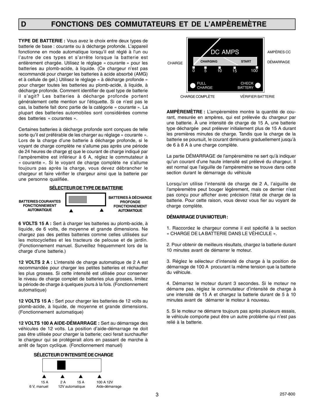 Schumacher SF-2151MA Fonctions DES Commutateurs ET DE L’AMPÈREMÈTRE, Sélecteur DE Type DE Batterie, Démarrage D’UN Moteur 