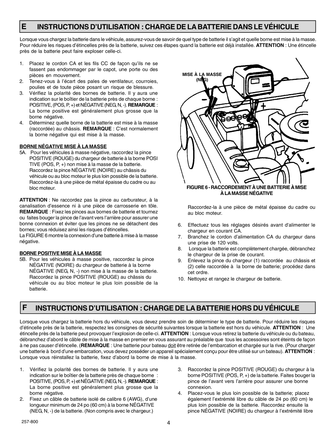 Schumacher SF-2151MA owner manual Borne Négative Mise À LA Masse, Borne Positive Mise À LA Masse, Mise À LA Masse NÉG 