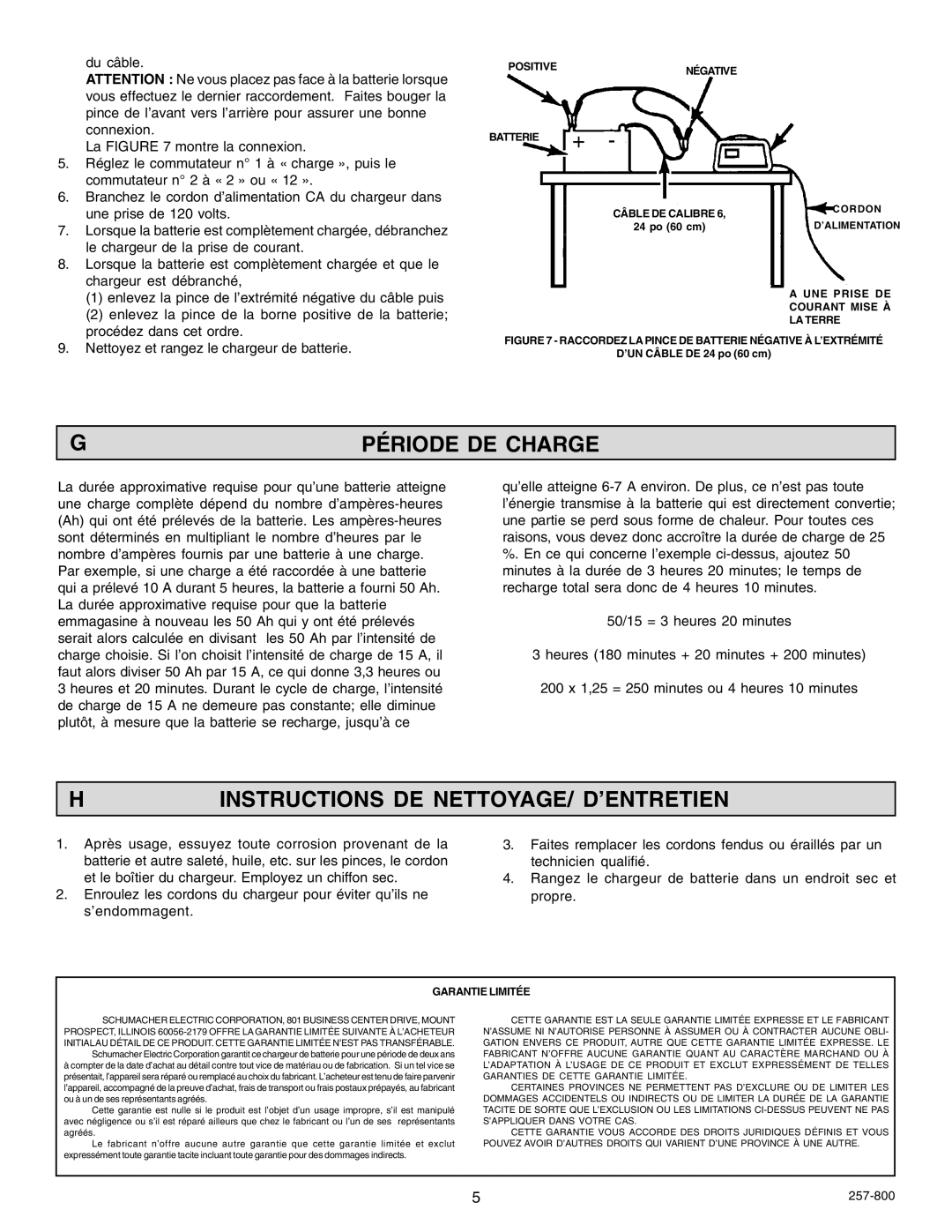 Schumacher SF-2151MA owner manual Période DE Charge, Hinstructions DE NETTOYAGE/ D’ENTRETIEN 