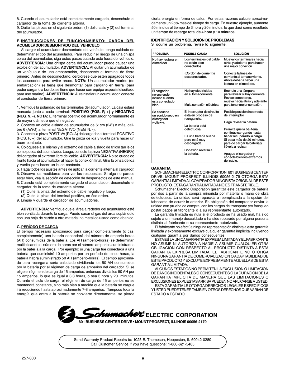 Schumacher SF-2151MA owner manual Período DE Carga, Identificación Y Solución DE Problemas, Garantia 