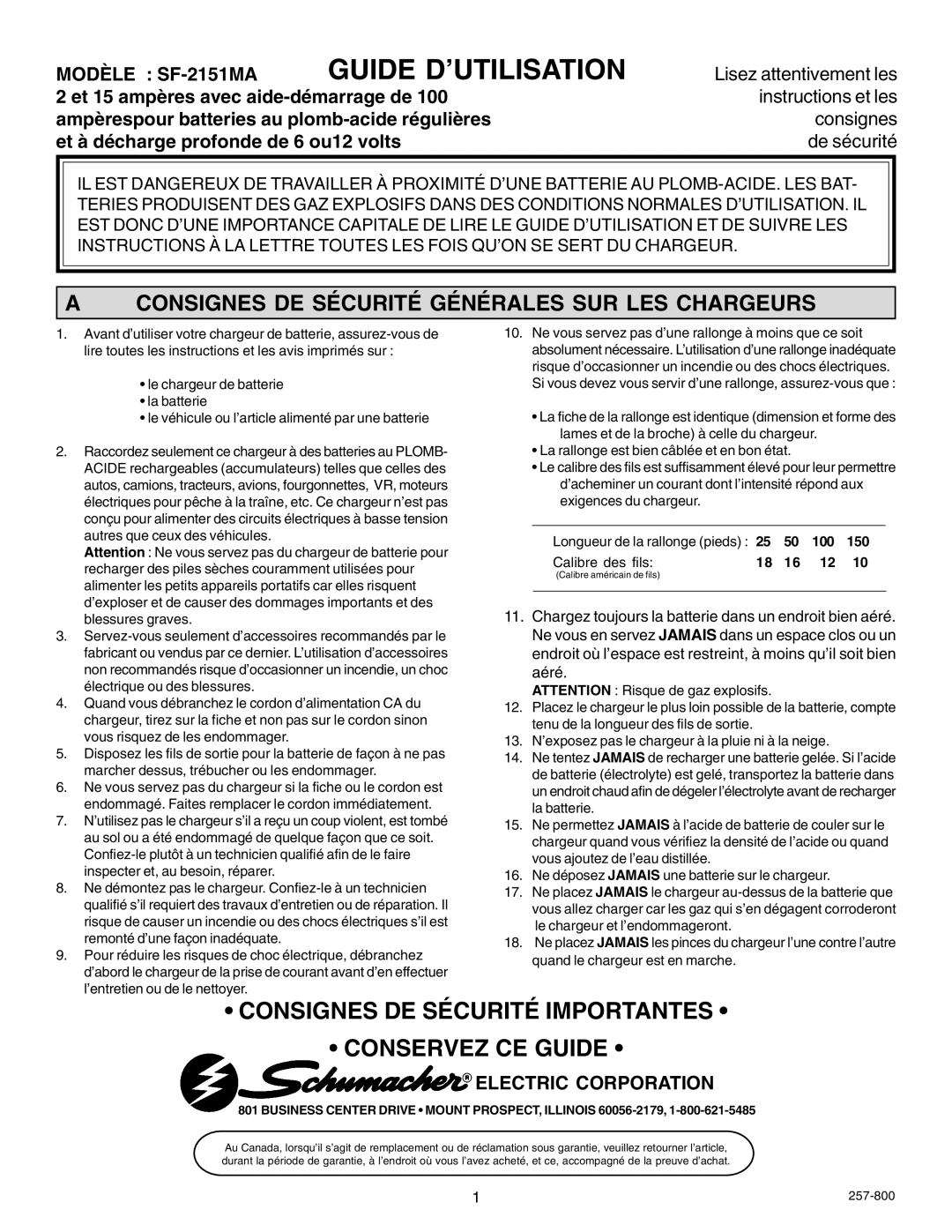 Schumacher SF-2151MA owner manual Consignes DE Sécurité Générales SUR LES Chargeurs 