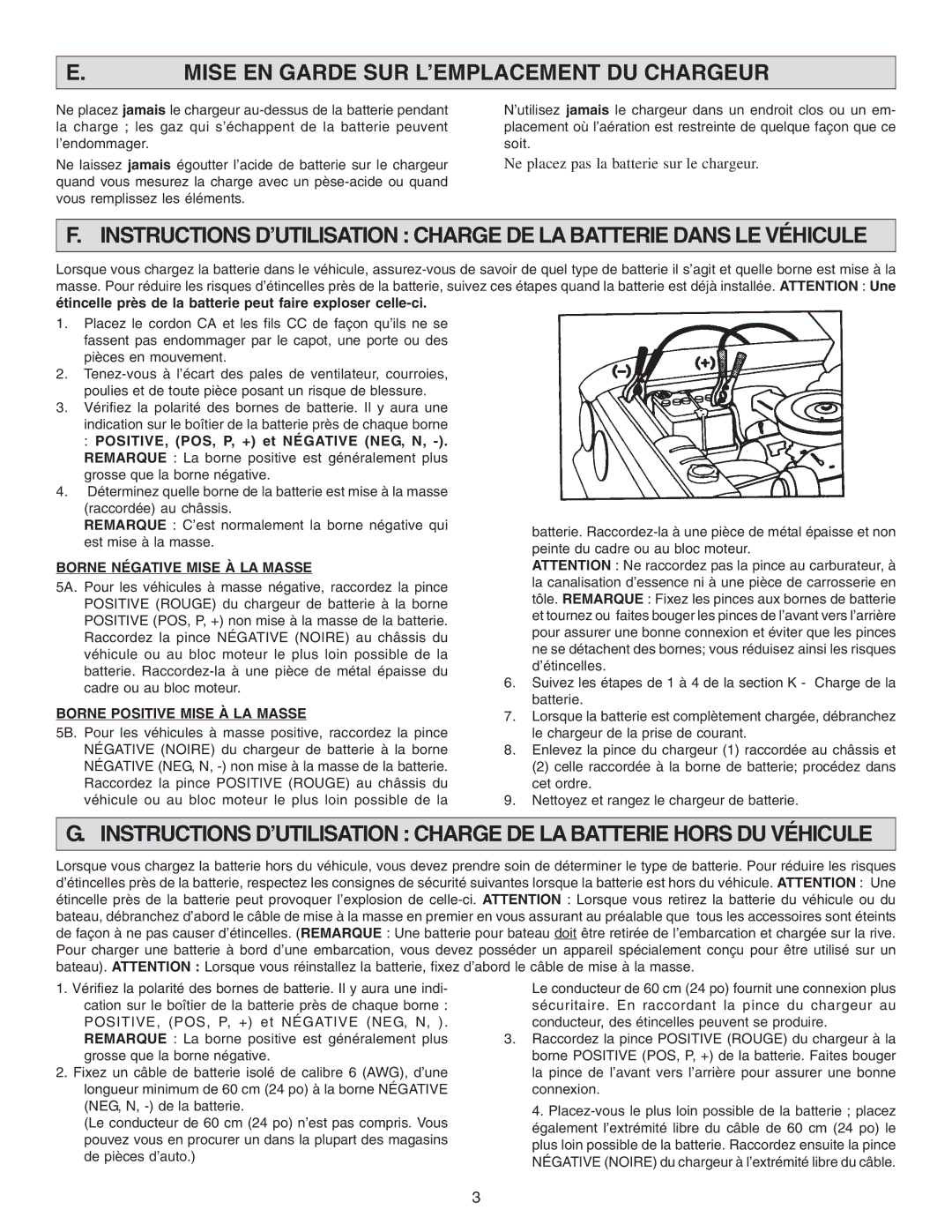 Schumacher SF-2254 owner manual Mise EN Garde SUR L’EMPLACEMENT DU Chargeur, Borne Négative Mise À LA Masse 