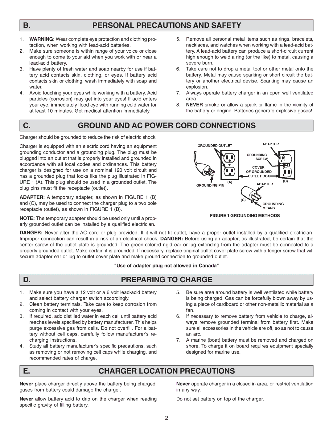 Schumacher SF-2254 owner manual Personal Precautions and Safety, Ground and AC Power Cord Connections, Preparing to Charge 