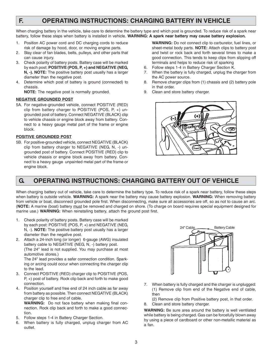 Schumacher SF-2254 Operating Instructions Charging Battery in Vehicle, Negative Grounded Post, Positive Grounded Post 