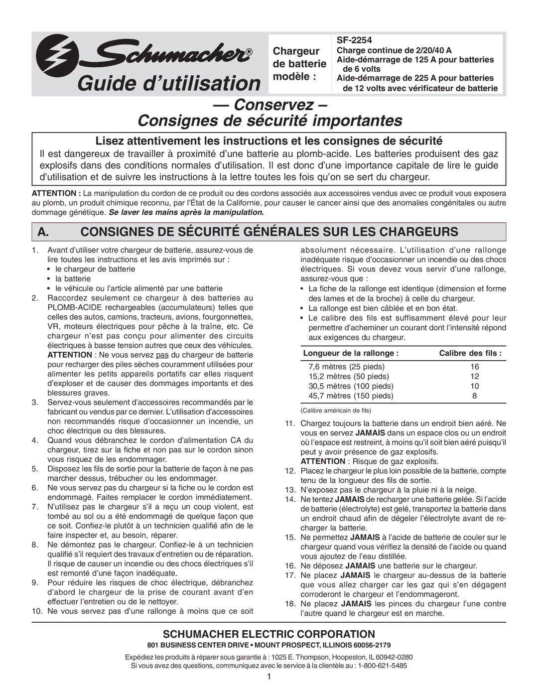 Schumacher SF-2254 owner manual Guide d’utilisation, Consignes DE Sécurité Générales SUR LES Chargeurs 