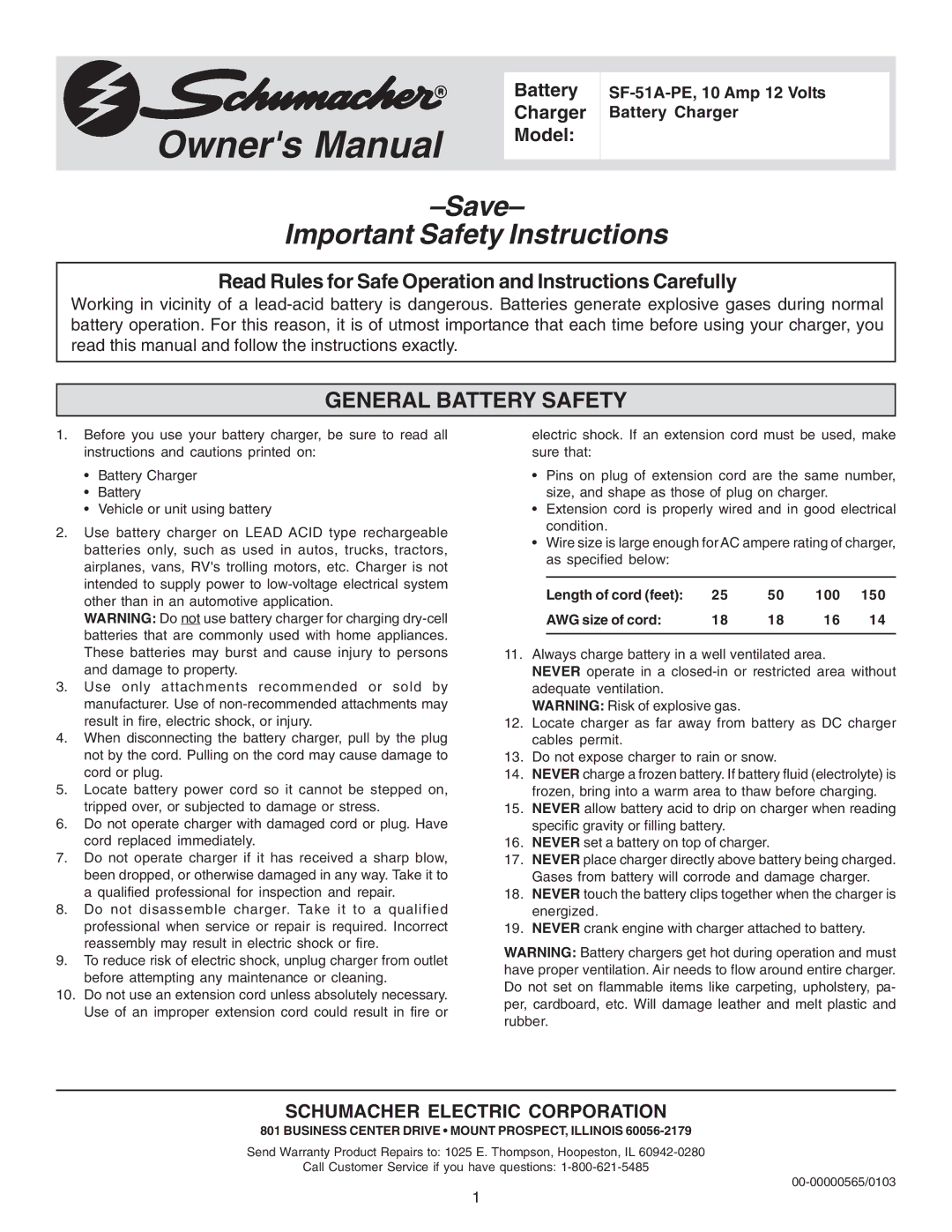 Schumacher SF-51A-PE owner manual General Battery Safety, Schumacher Electric Corporation 