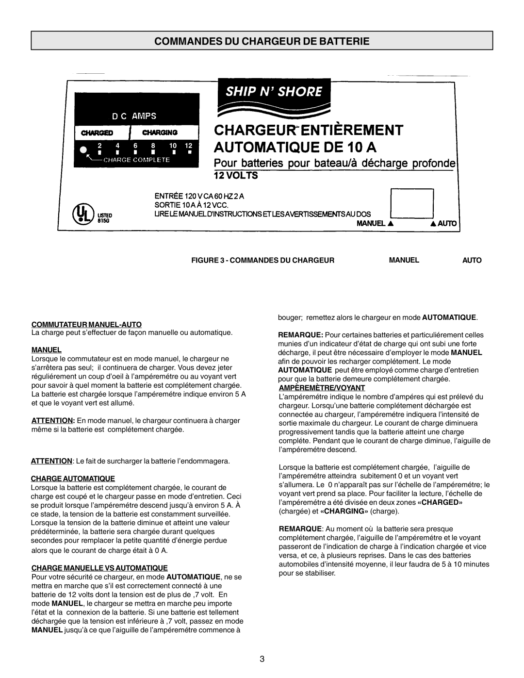 Schumacher SF-51A-PE owner manual Commandes DU Chargeur DE Batterie, Charge Automatique, Charge Manuelle VS Automatique 