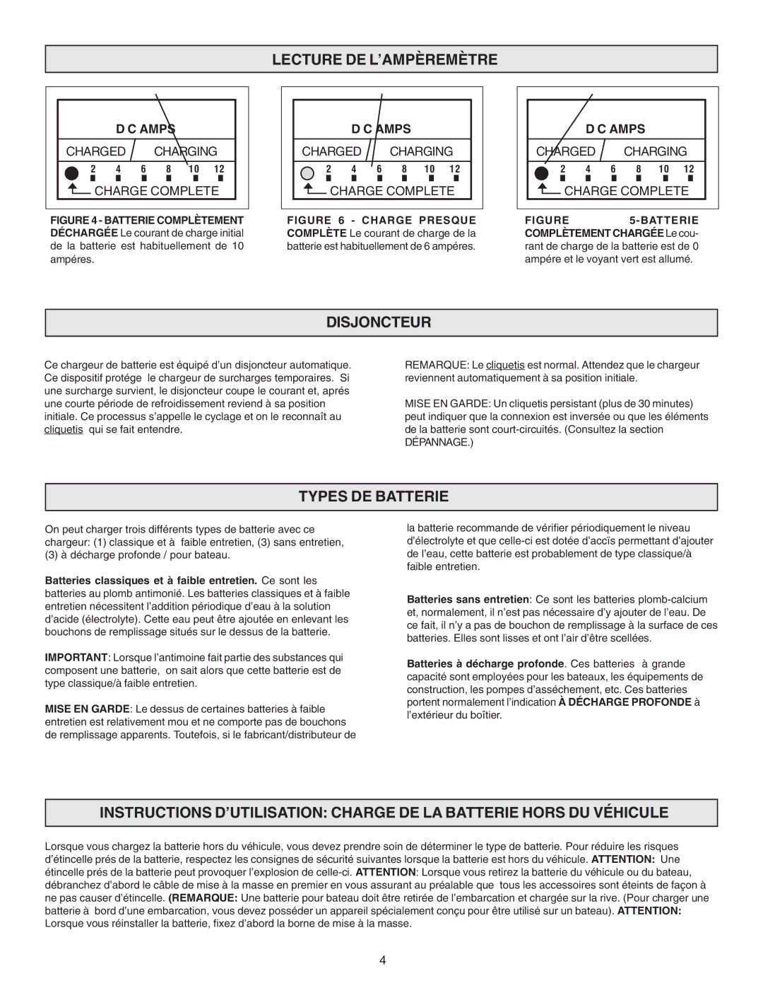 Schumacher SF-51A-PE owner manual Lecture DE L’AMPÈREMÈTRE, Disjoncteur, Types DE Batterie 