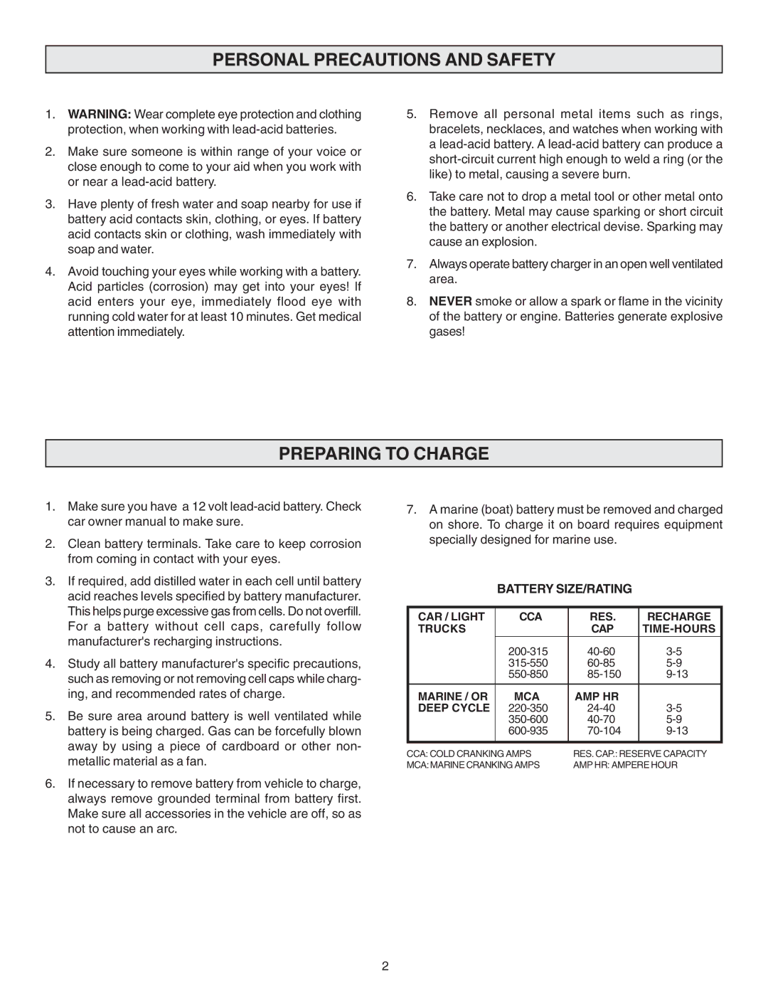 Schumacher SF-51A-PE owner manual Personal Precautions and Safety, Preparing to Charge, Marine / or MCA AMP HR Deep Cycle 