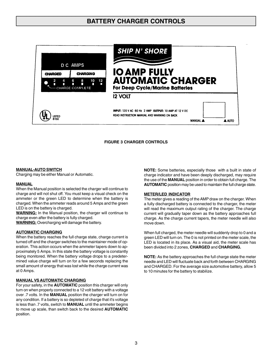 Schumacher SF-51A-PE owner manual Battery Charger Controls, Manual VS Automatic Charging, METER/LED Indicator 