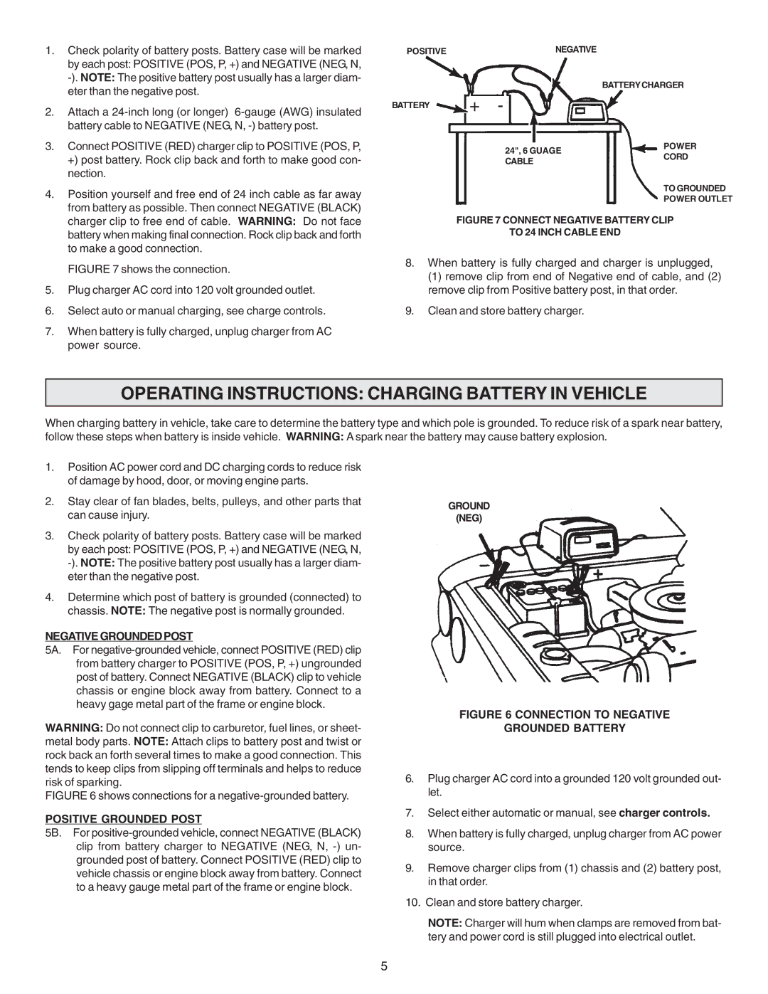 Schumacher SF-51A-PE Operating Instructions Charging Battery in Vehicle, Negative Grounded Post, Positive Grounded Post 