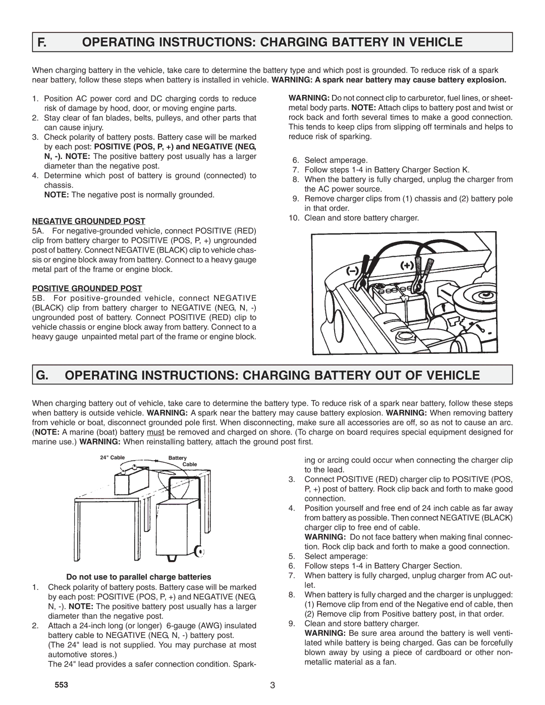 Schumacher SF 2001 Operating Instructions Charging Battery in Vehicle, Negative Grounded Post, Positive Grounded Post 