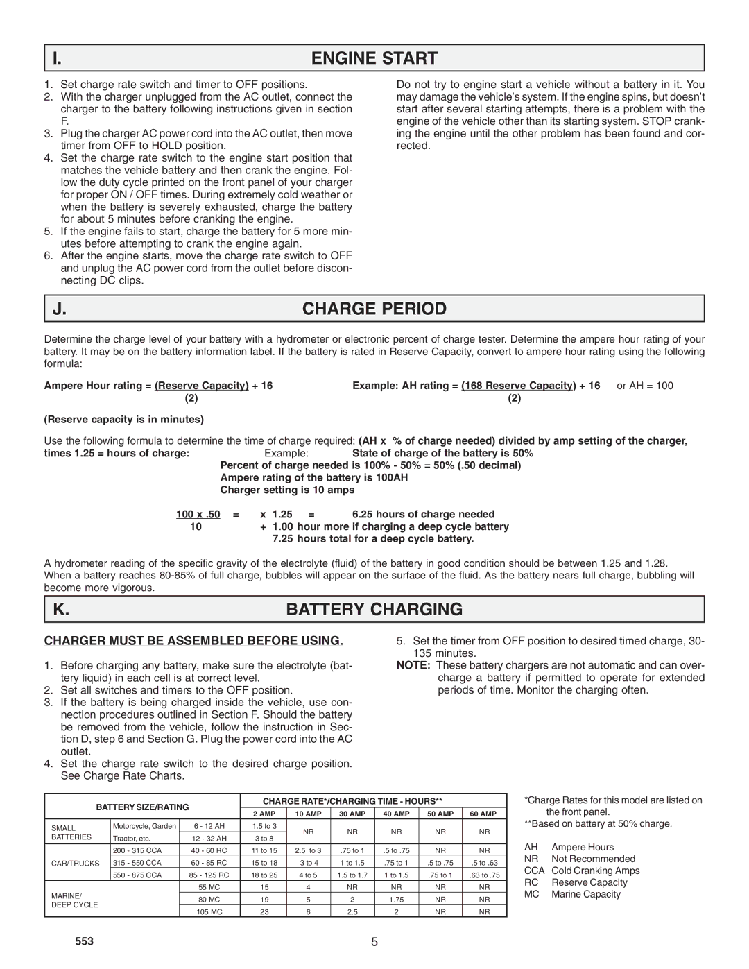 Schumacher SF 4020, SF 6030, SF 4022, SF 2001 owner manual Engine Start, Charge Period, Battery Charging 