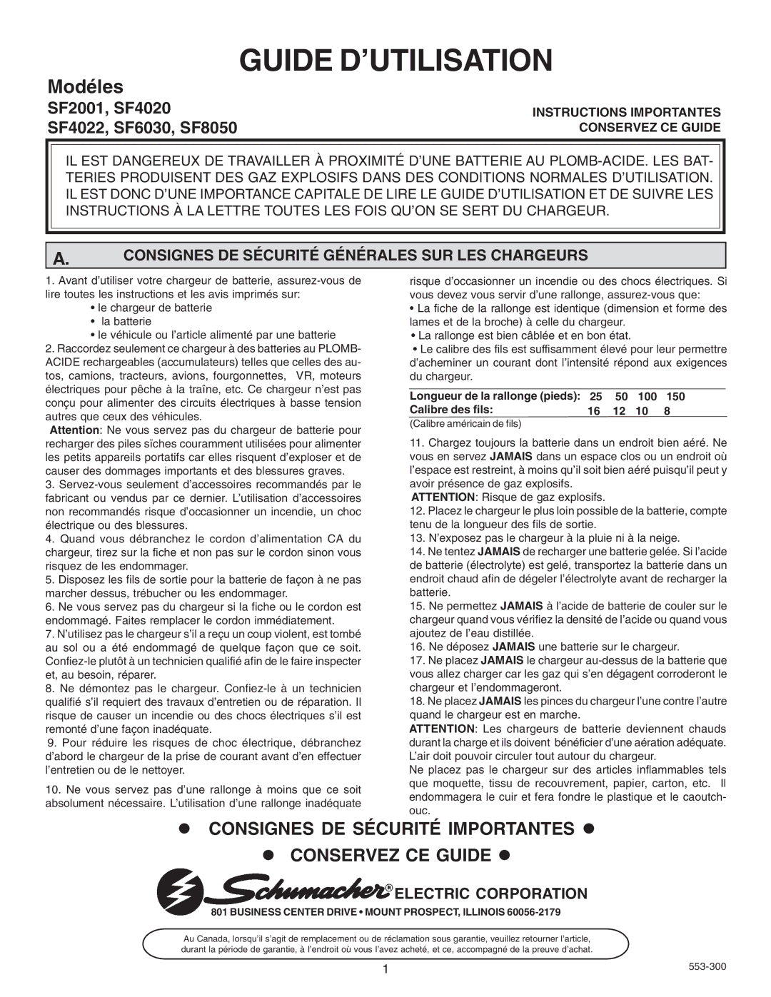 Schumacher SF 4020, SF 6030, SF 4022, SF 2001 owner manual Consignes DE Sécurité Importantes, Conservez CE Guide 