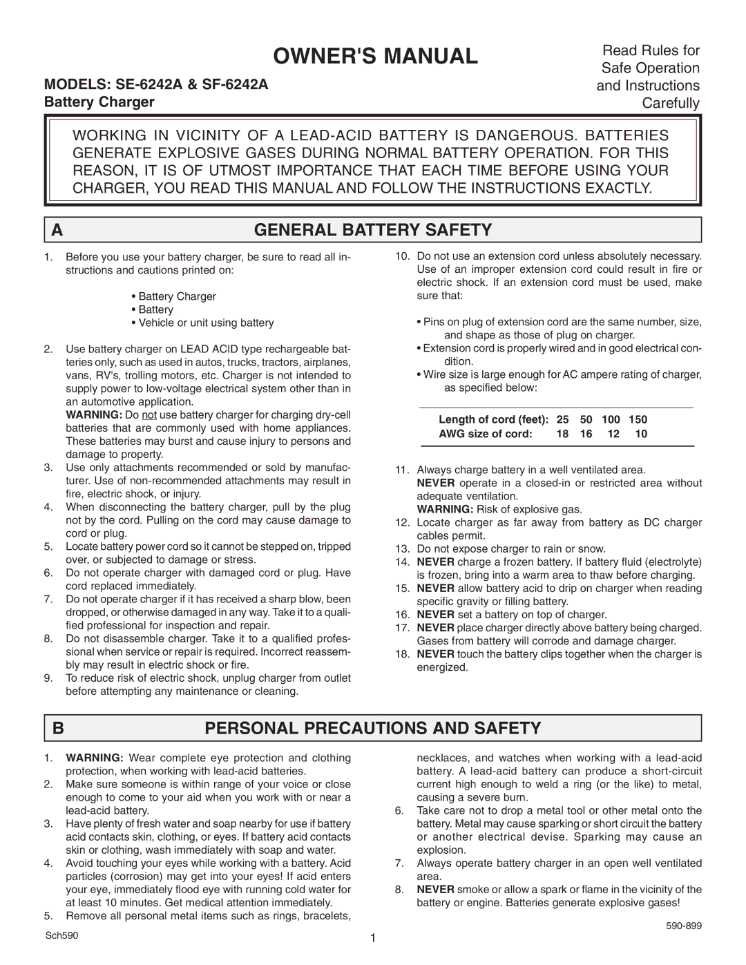 Schumacher SE-6242A, SF-6242A owner manual General Battery Safety, Personal Precautions and Safety 