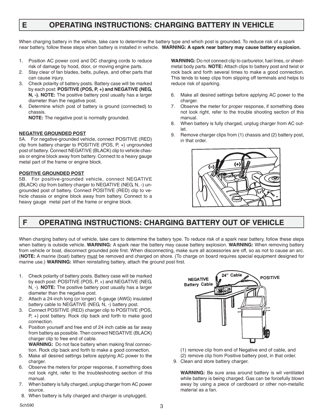 Schumacher SE-6242A Operating Instructions Charging Battery in Vehicle, Negative Grounded Post, Positive Grounded Post 