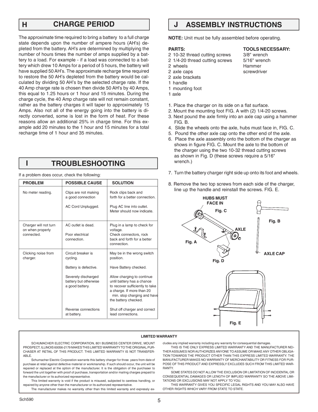 Schumacher SE-6242A, SF-6242A owner manual Charge Period Assembly Instructions, Troubleshooting, Parts Tools Necessary 