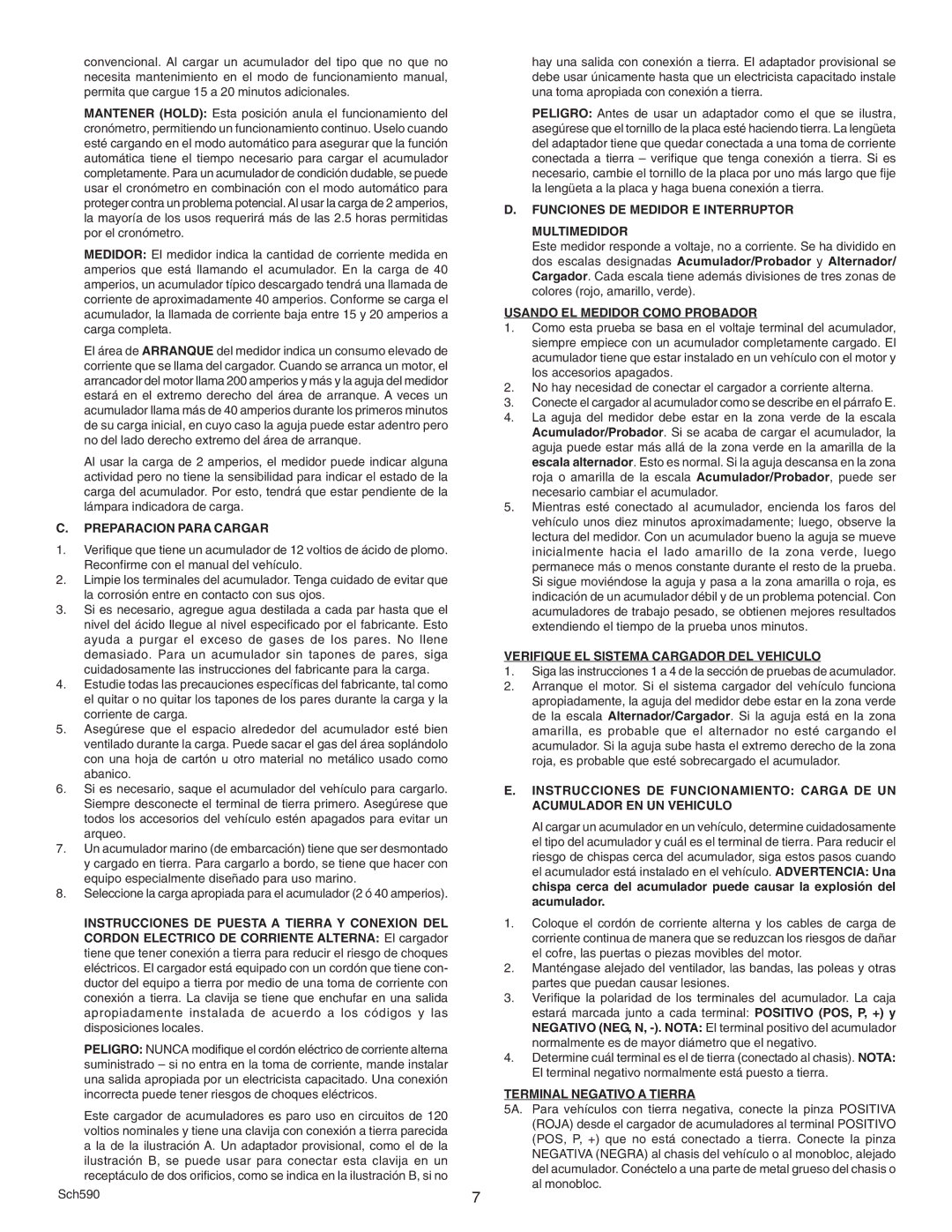 Schumacher SE-6242A Preparacion Para Cargar, Funciones DE Medidor E Interruptor Multimedidor, Terminal Negativo a Tierra 