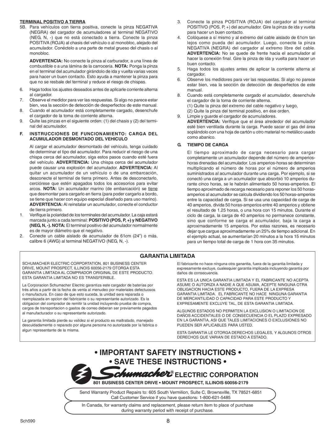 Schumacher SF-6242A Important Safety Instructions, Electric Corporation, Terminal Positivo a Tierra, Tiempo DE Carga 