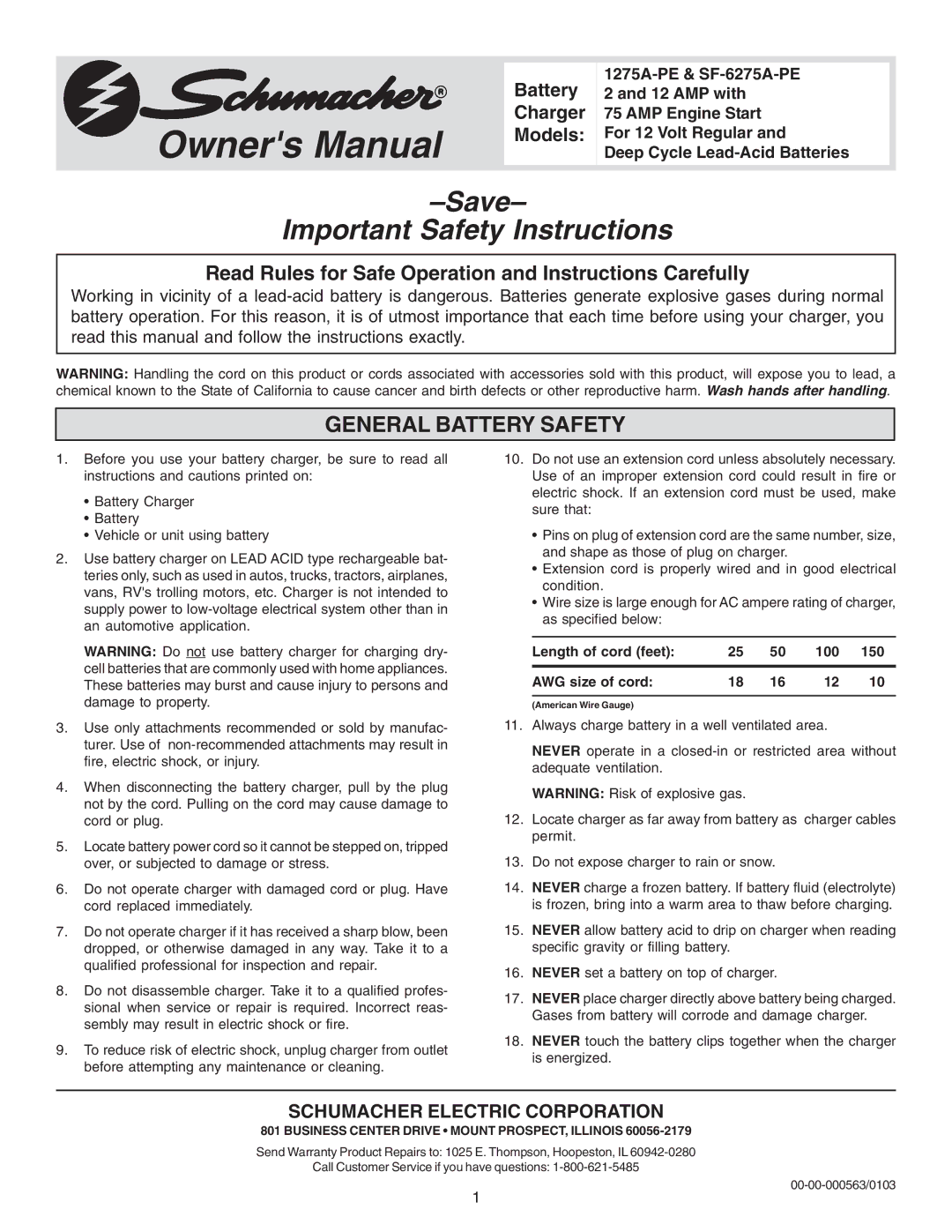 Schumacher 1275A-PE, SF-6275A-PE owner manual General Battery Safety, Length of cord feet 100 150 AWG size of cord 