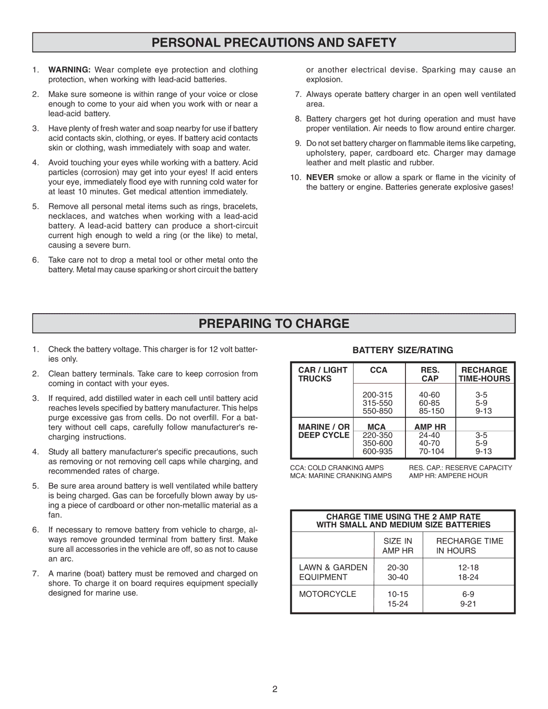 Schumacher SF-6275A-PE, 1275A-PE Personal Precautions and Safety, Preparing to Charge, Marine / or MCA AMP HR Deep Cycle 