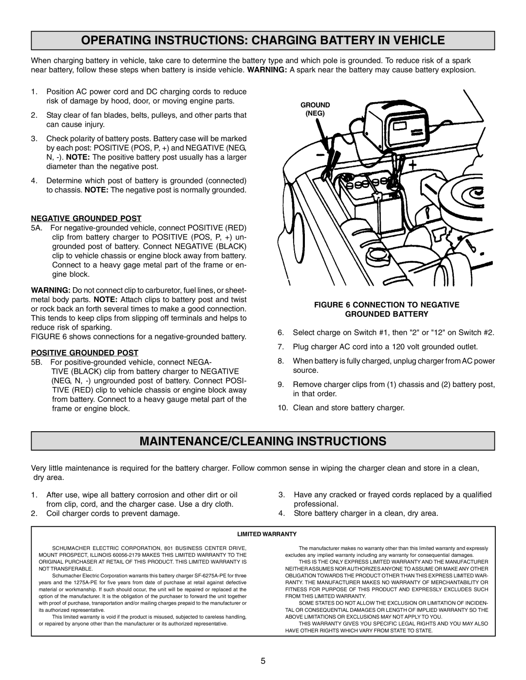 Schumacher 1275A-PE Operating Instructions Charging Battery in Vehicle, MAINTENANCE/CLEANING Instructions, Ground NEG 