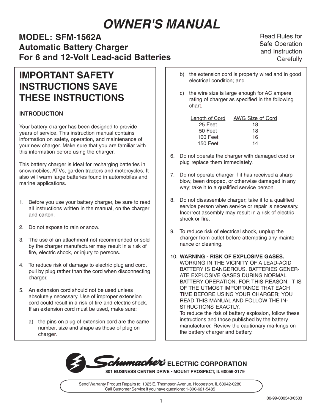 Schumacher owner manual Important Safety Instructions Save These Instructions, Model SFM-1562A, Introduction 