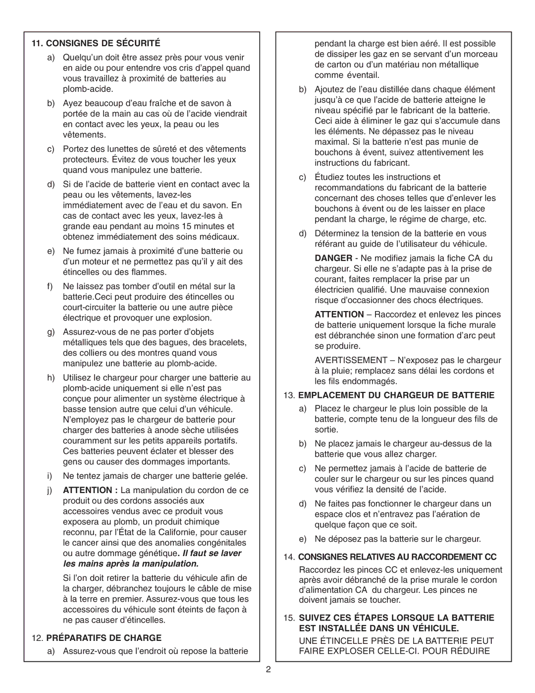 Schumacher SFM-1562A owner manual Consignes DE Sécurité, 12. Préparatifs DE Charge, Emplacement DU Chargeur DE Batterie 