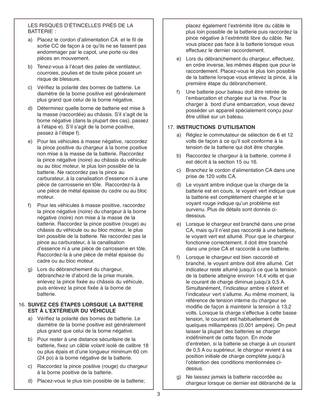 Schumacher SFM-1562A owner manual LES Risques D’ÉTINCELLES Près DE LA Batterie, Instructions D’UTILISATION 