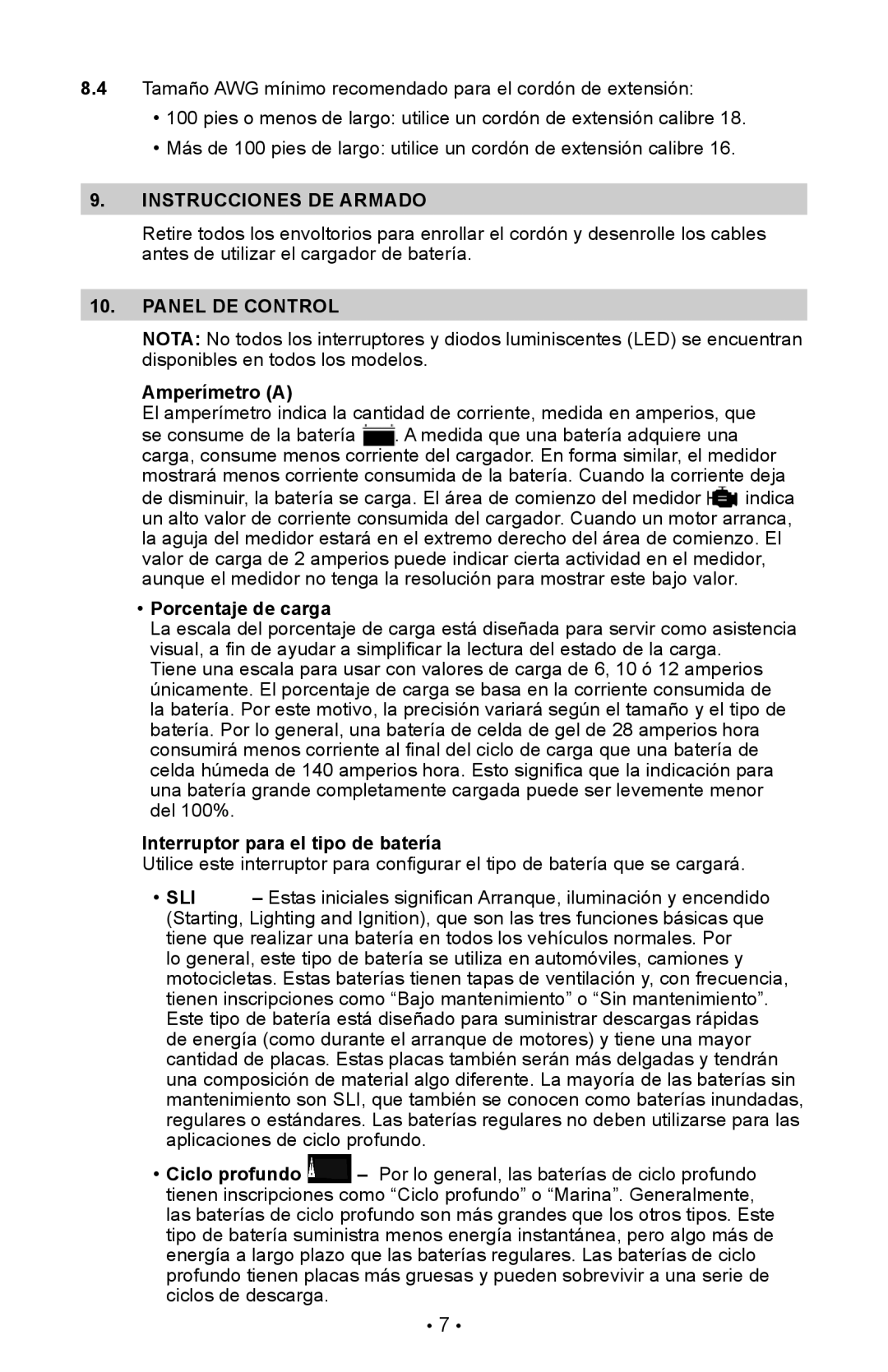 Schumacher SI-82-6 owner manual Instrucciones DE Armado, Panel DE Control, Amperímetro a, Porcentaje de carga 