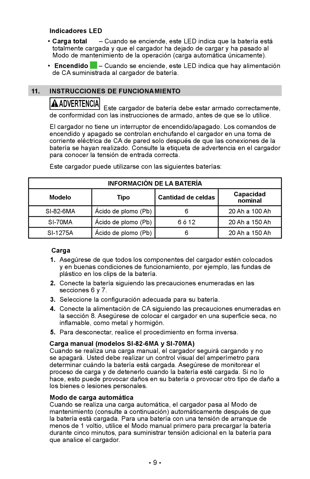 Schumacher SI-82-6 owner manual Instrucciones DE Funcionamiento, Información DE LA Batería 