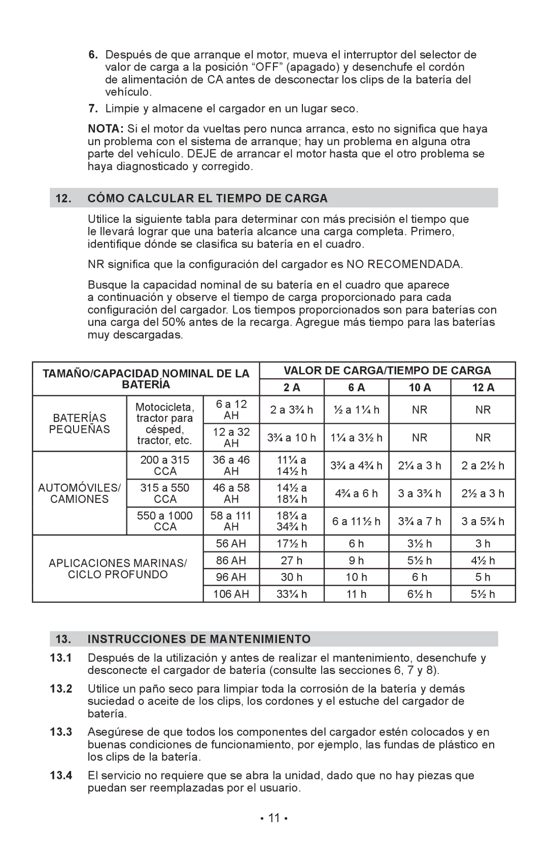 Schumacher SI-82-6 owner manual 12. Cómo Calcular EL Tiempo DE Carga, Instrucciones DE Mantenimiento 