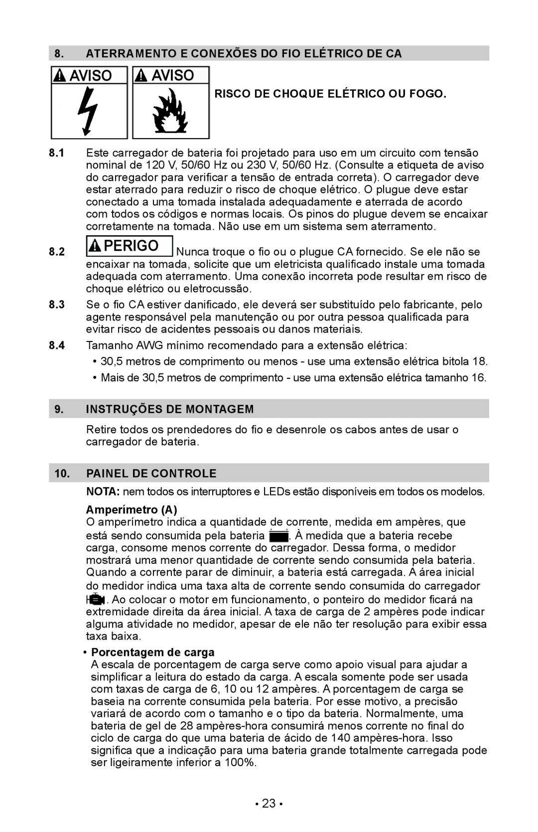 Schumacher SI-82-6 owner manual Aterramento e conexões do fio elétrico de CA, Instruções DE Montagem, Painel DE Controle 