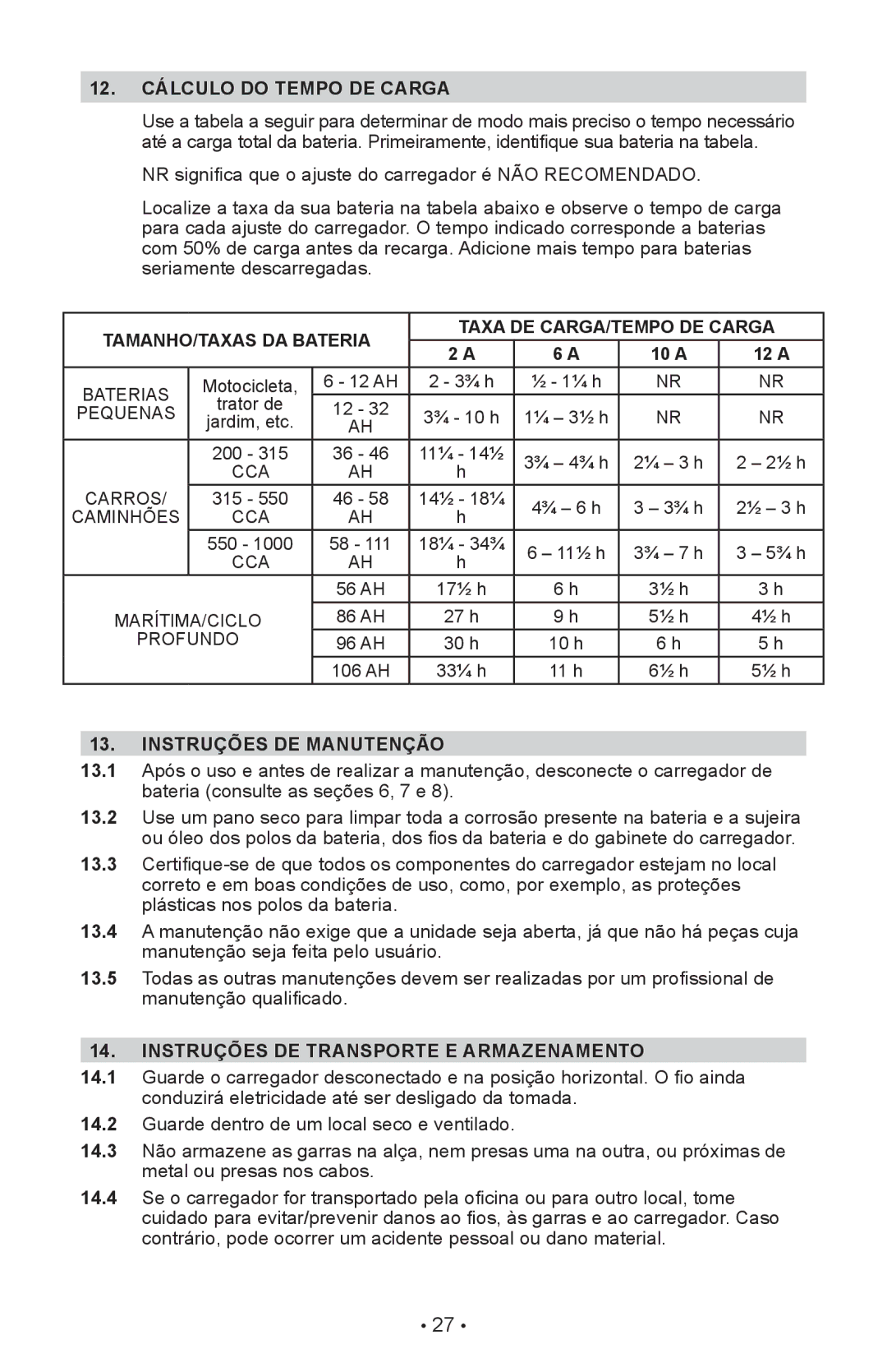 Schumacher SI-82-6 owner manual 12. Cálculo do Tempo DE Carga, TAMANHO/TAXAS DA Bateria Taxa DE CARGA/TEMPO DE Carga 