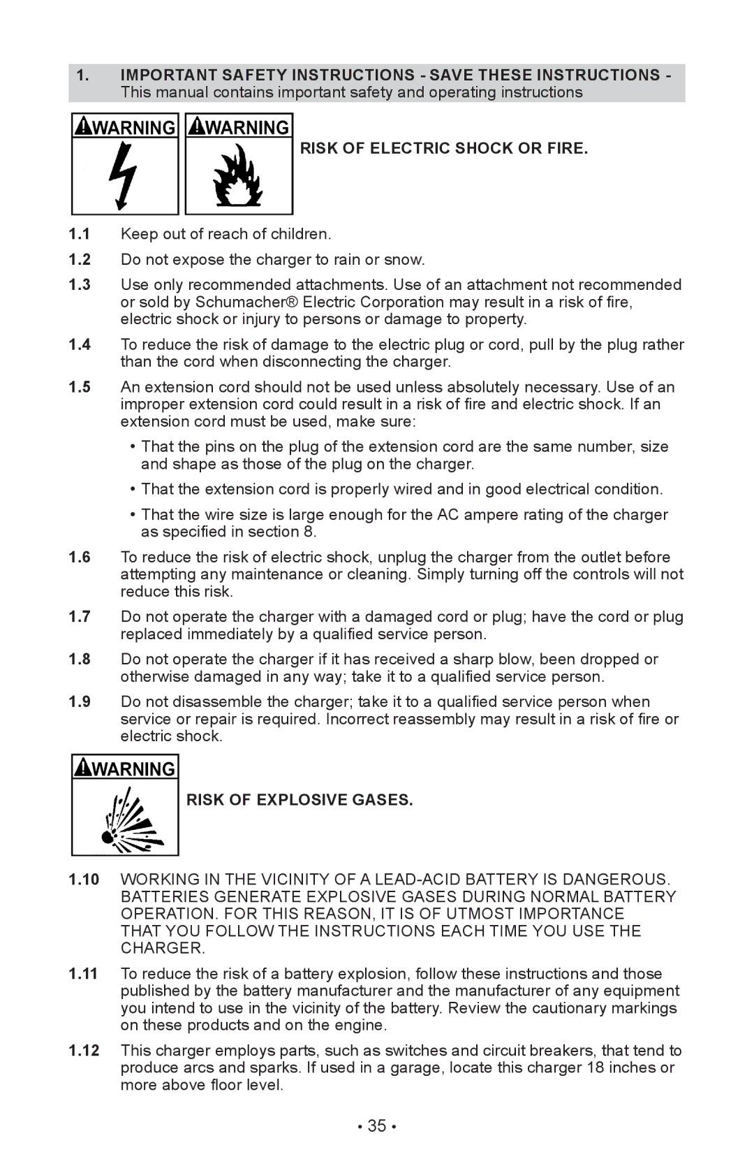 Schumacher SI-82-6 owner manual Risk of Electric Shock or Fire, Risk of Explosive Gases 