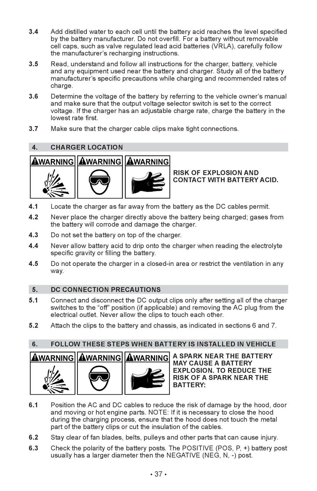 Schumacher SI-82-6 owner manual Charger Location Risk of Explosion Contact with Battery Acid, DC Connection Precautions 