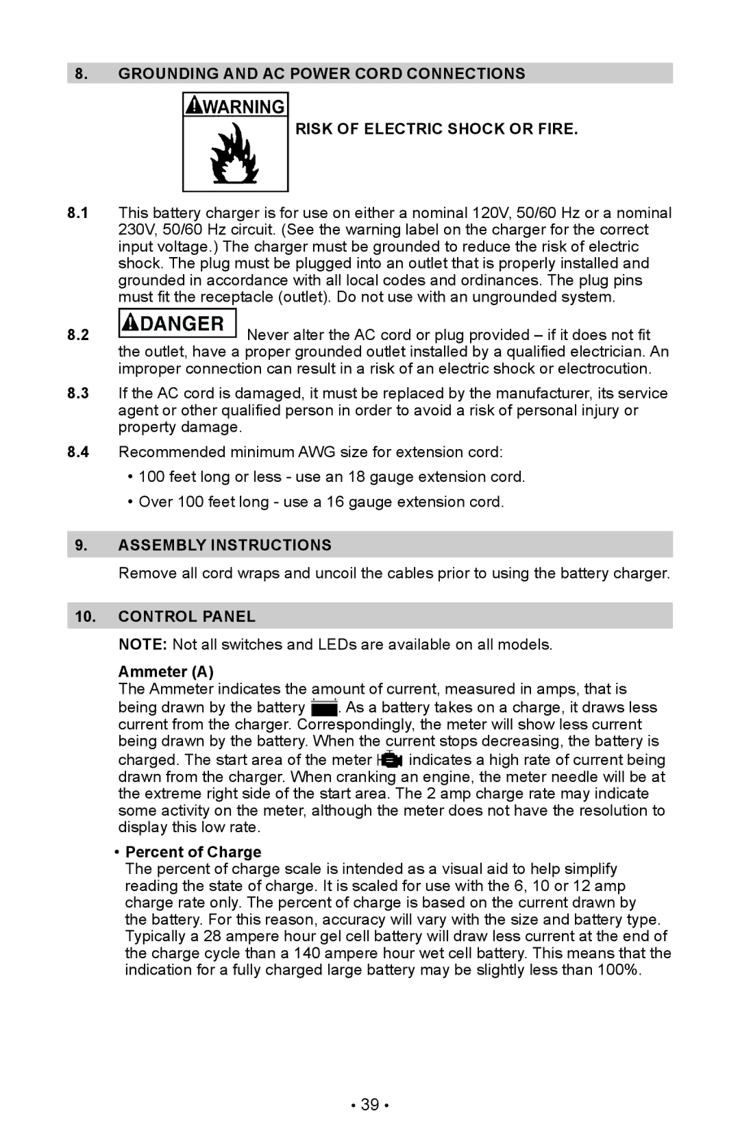 Schumacher SI-82-6 owner manual Grounding and AC power cord connections, Assembly Instructions, Control Panel, Ammeter a 