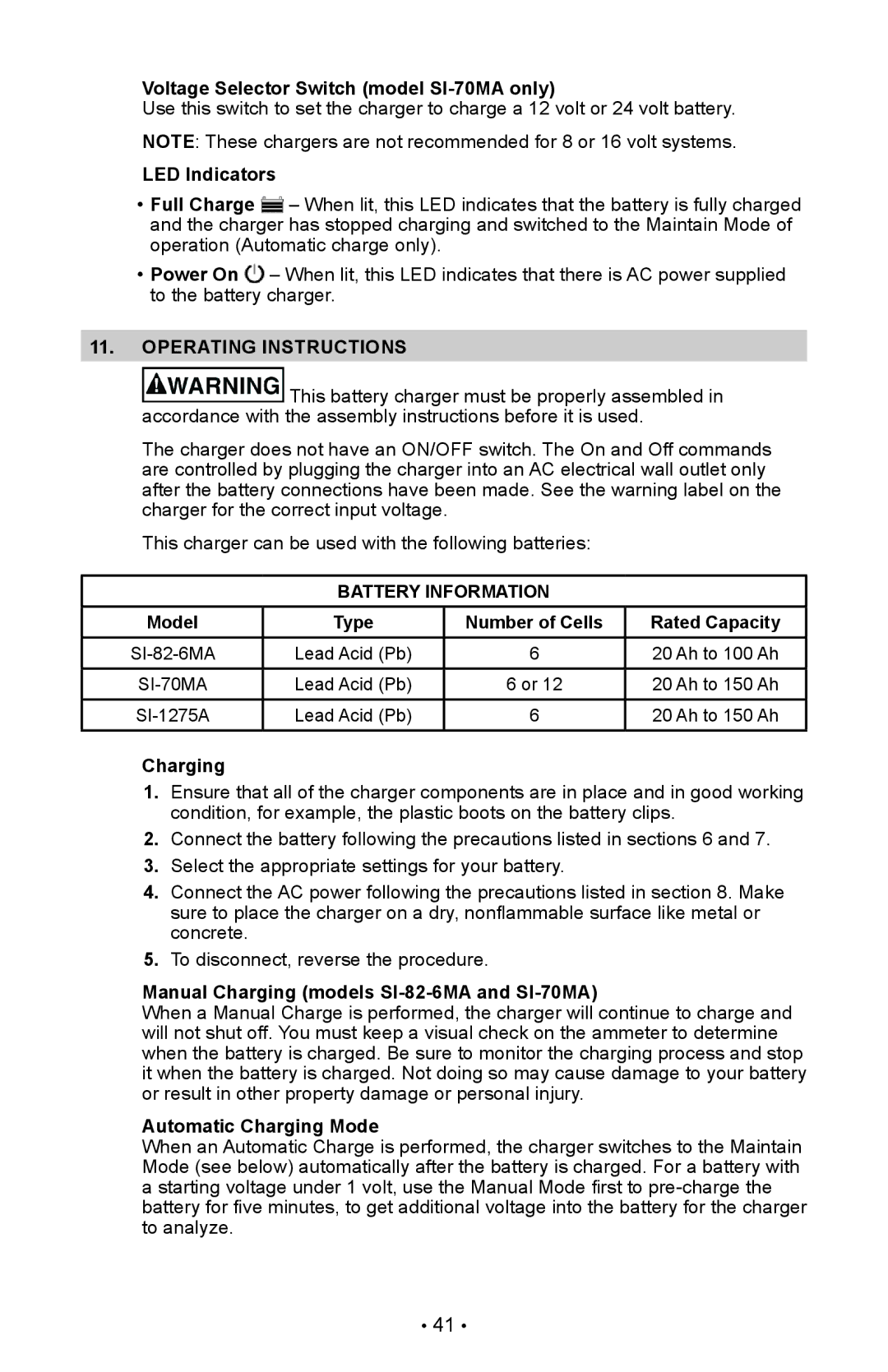 Schumacher SI-82-6 owner manual Operating Instructions, Battery Information 