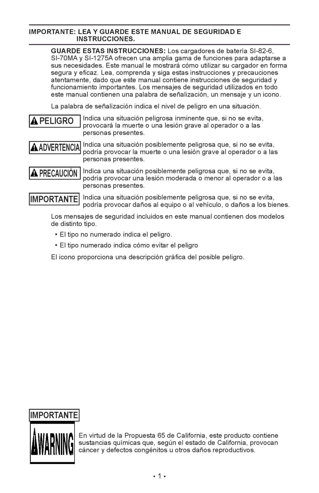 Schumacher SI-82-6 owner manual Advertencia 