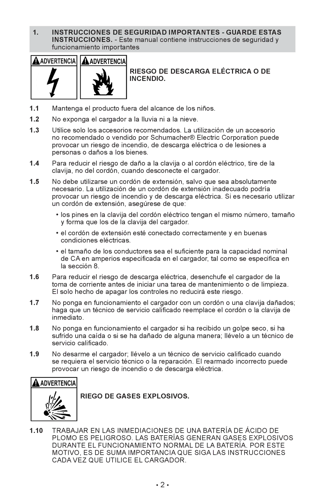 Schumacher SI-82-6 owner manual Riesgo DE Descarga Eléctrica O DE Incendio, Riego DE Gases Explosivos 