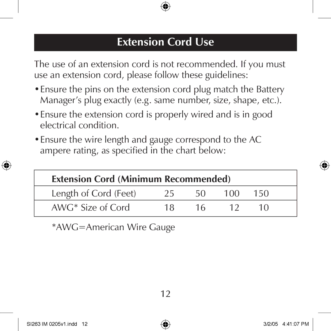 Schumacher SI263 manual Extension Cord Use, Extension Cord Minimum Recommended 