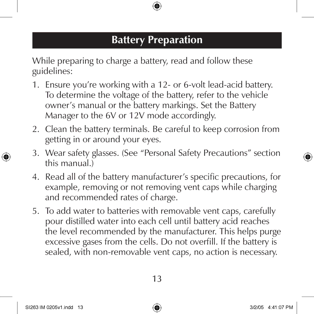 Schumacher SI263 manual Battery Preparation 